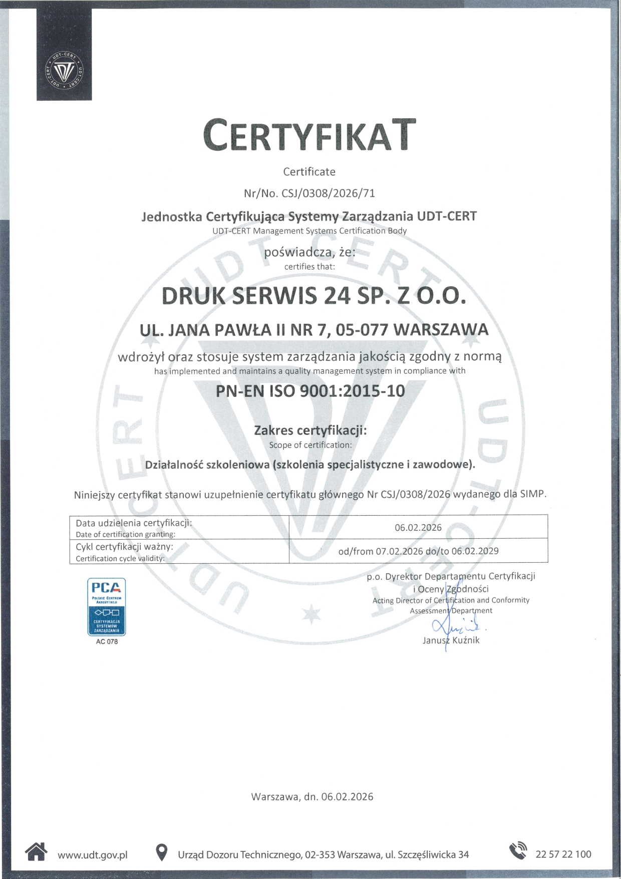 Certyfikat PN-EN ISO 9001:2015-10 nr CSJ/0308/2026/71 – Druk Serwis 24 Sp. z o.o., wydany przez UDT-CERT, akredytacja PCA AC 078