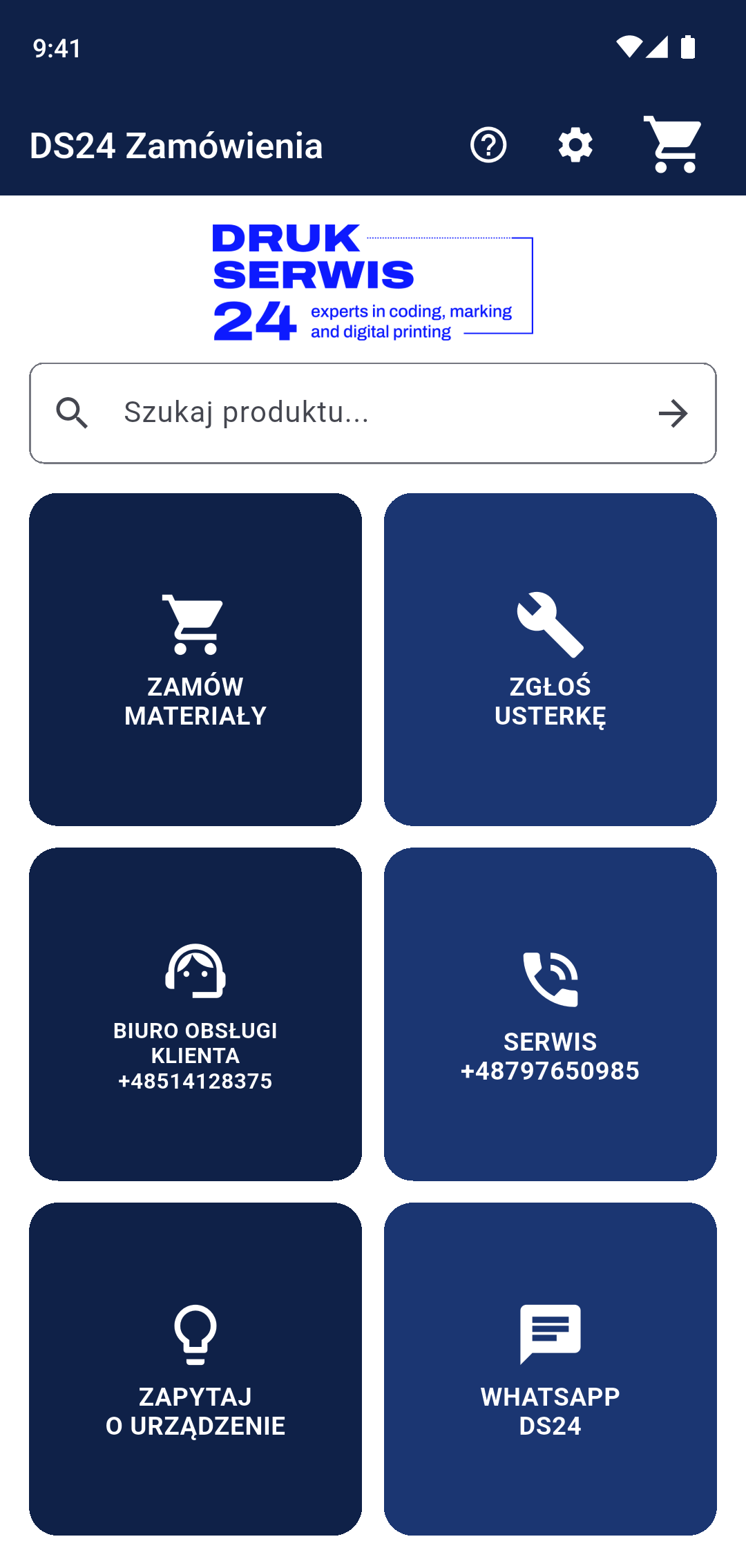 Ekran startowy aplikacji DS24 Zamówienia